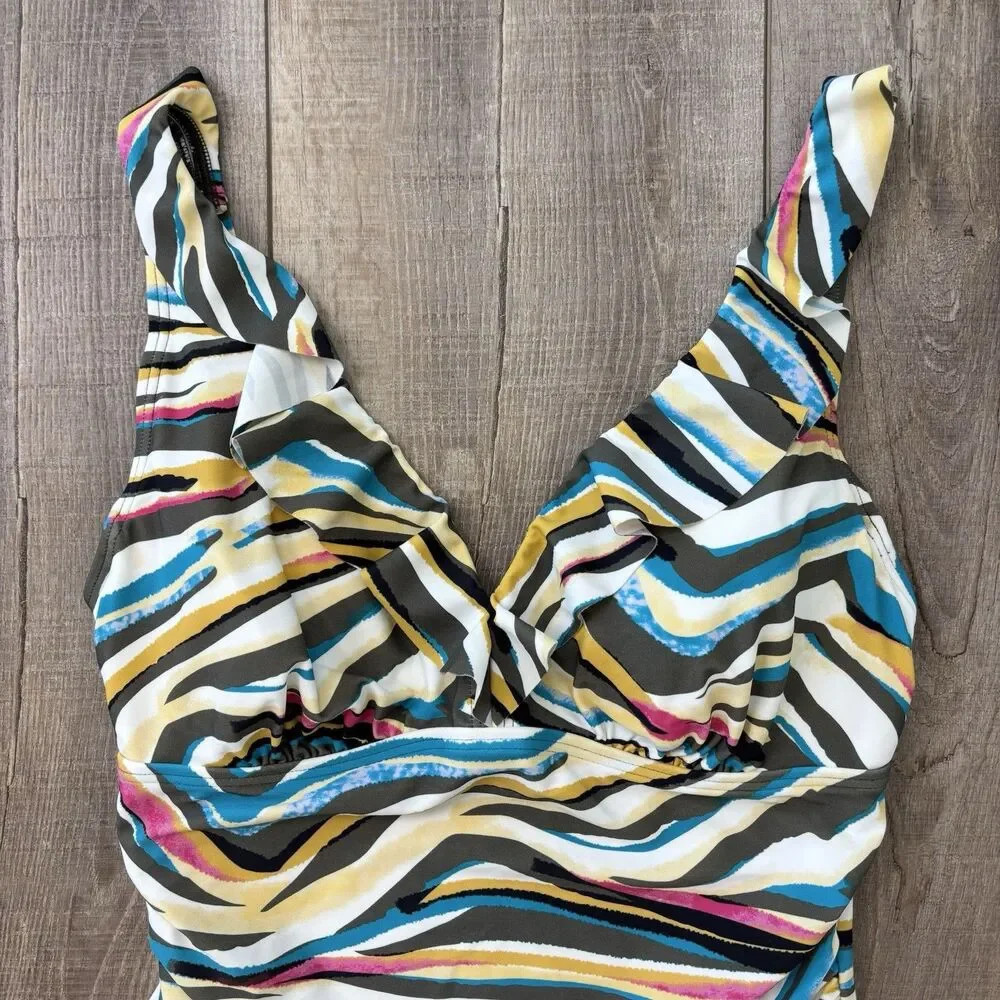 DKNY Women Ruffle One Piece Swimsuit Size 12 Colorful Ruched Tummy Control Artsy - Picture 2 of 16